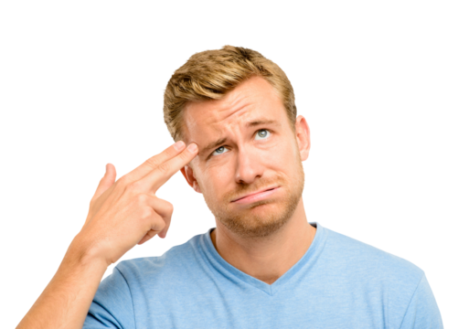A handsome young man standing alone in the studio and holding his fingers to his head isolated on a PNG background.