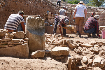 Workers on the archaelogical excavation of Ephesus. Turkish landmark