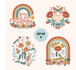 Set of 4 retro illustration with flowers and positive slogan. Perfect for T-shirt print, mugs, cards, posters. 