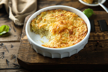 Homemade potato souffle with egg yolks
