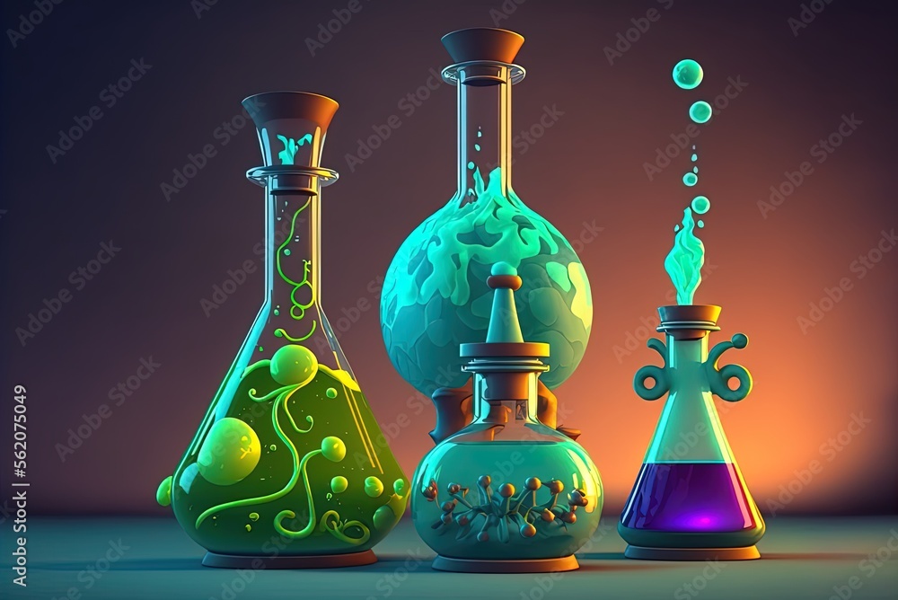 Poster animated steps of a chemical process in a laboratory flask generative ai