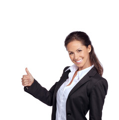 Business woman, success in portrait with thumbs up and achievement in career, winner isolated on white background. Yes, corporate employee goals and mindset with winning and happy woman agreement