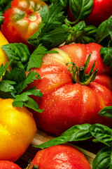 tomatoes basil. Ingredients for cooking Healthy food. Gardening. top view