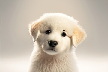 cute adorable white golden retriever puppy looking up, generative ai