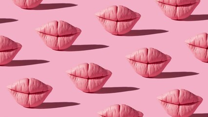 Moving pattern with pink lips with harsh shadows on a pink background. Creative motion with lips. High quality 4k footage - Powered by Adobe