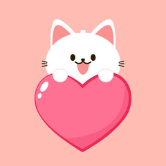 Cartoon cat biting a huge heart. Valentine's Day greeting card.