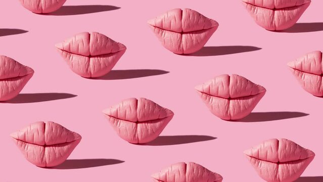 Moving pattern with pink lips with harsh shadows on a pink background. Creative motion with lips. High quality 4k footage