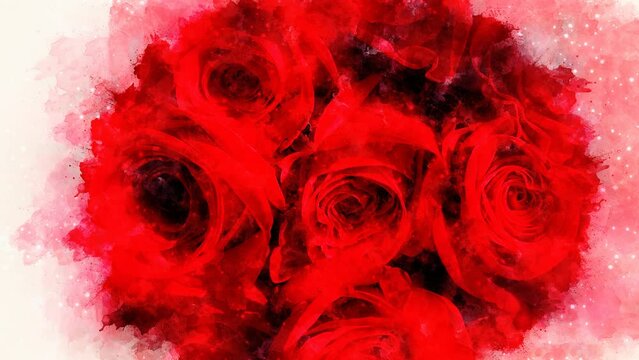Red roses background and softly blurred watercolor background.