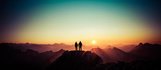Silhouette Couple of man and woman reaching summit enjoying freedom and looking towards mountains sunset. Alps, Allgaeu, Bavaria, Germany. - 562075623