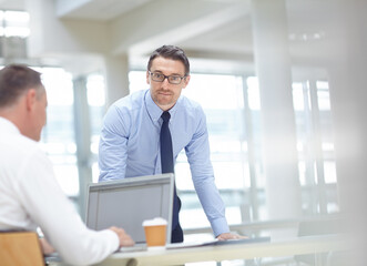 Portrait, corporate meeting or business people with laptop for invest strategy, finance growth or financial review. Teamwork in office building planning, data analysis or global economy data research