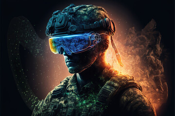 Obraz na płótnie Canvas portrait of a futuristic soldier wearing a VR headset, modern future warfare, generative ai