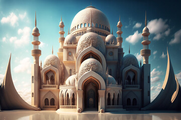 Ramadan Kareem greeting photo of beautiful Arabic mosque and Islamic details.	
