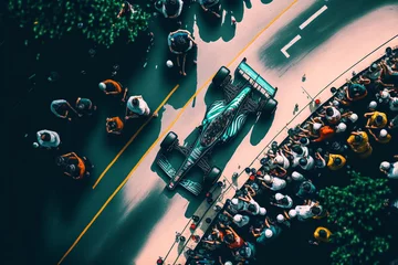 Poster Formula 1 race cars at sunset. Generative Ai. © belyaaa