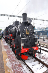 Vintage locomotive with steam powered in Kyiv, Ukraine