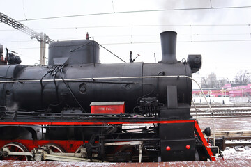 Vintage locomotive with steam powered in Kyiv, Ukraine
