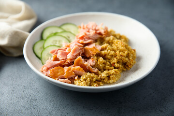 Healthy salmon bowl with spicy rice