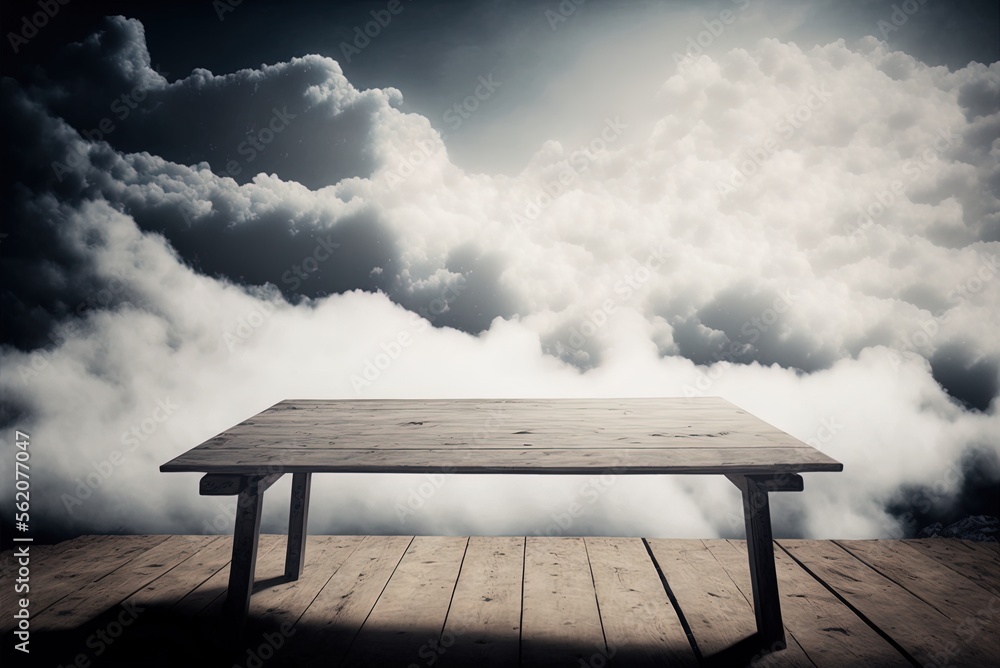 Poster white clouds float over a wooden table. generative ai