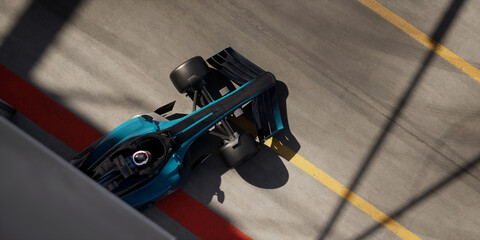 Overhead high angle view of a modern generic sports racing car driving out from pitlane garage, cinematic lighting. Daytime shot. Realistic 3d rendering