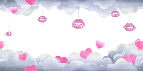 Gray clouds with pink lip prints, lipstick, hearts. Watercolor illustration. Seamless banner pattern from the VALENTINE'S DAY collection. For registration and design of invitations, cards, posters