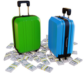Suitcases luggage and stacks of money. Travel, expensiveness, smuggling, black money concept. Png Transparent Background