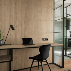 Wooden wall in simple home office