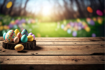 easter themed background with empty pastel color wooden table for product display, bokeh lights, copy space, easter eggs in the background, generative ai
