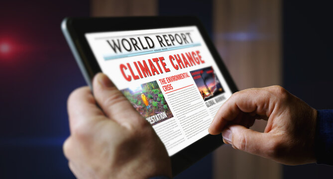 Climate change and environmental crisis newspaper on mobile tablet screen