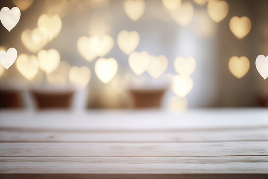 valentines day themed background with empty pastel color wooden table for product display, bokeh lights, copy space, hearts in the background, generative ai
