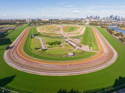 Aerial view of a wide bend on a horse racing track