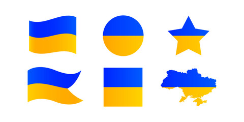 Ukraine flag set. Blue and yellow national colors ribbon set. Ukrainian national emblem waving collection.