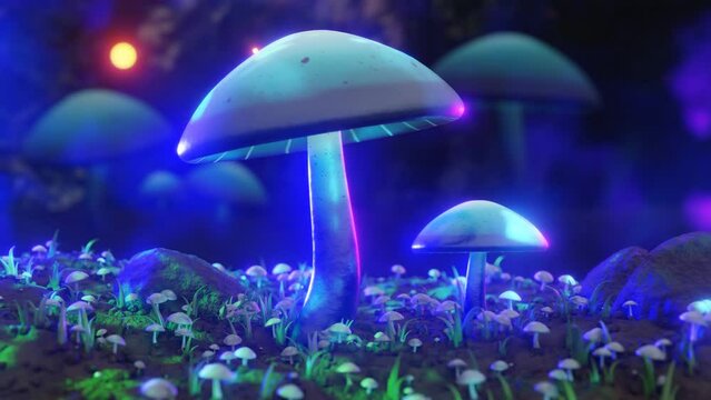 magical mushroom motion graphic 3D animation. 4k magical forest background vj. Can be Used as Music Background art or for Live Concert Video