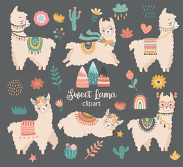 Cute llama clipart with decorative elements. © Kristinat