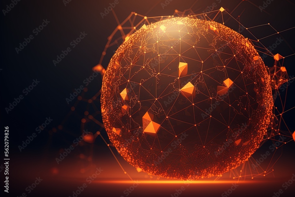 Poster global data network concept in copy space, shown in orange crystal mesh in the near future. generati