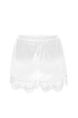 Close-up shot of white silk pajama shorts. Women's lace sleep shorts are isolated on a white...