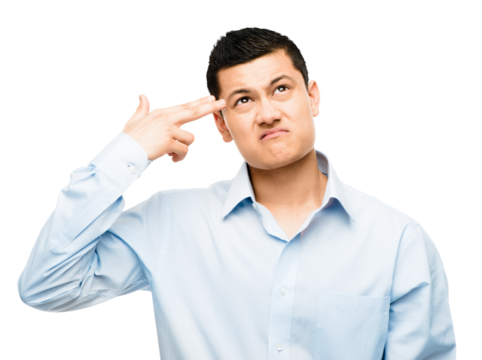 An asian businessman miming his brains being blown out isolated on a PNG background.