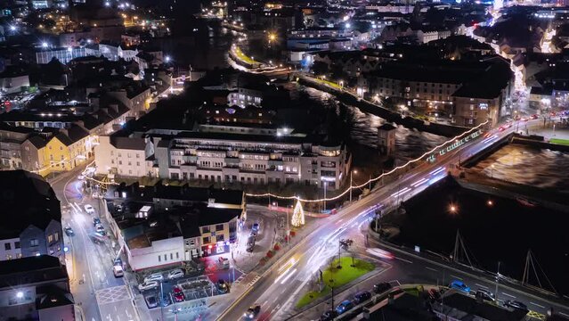Aerial time lapse in the heart of Galway city at night time.
The shot features the famous shop street, the Corrib river, busy traffic and beautiful Christmas lights around the city.
Ireland