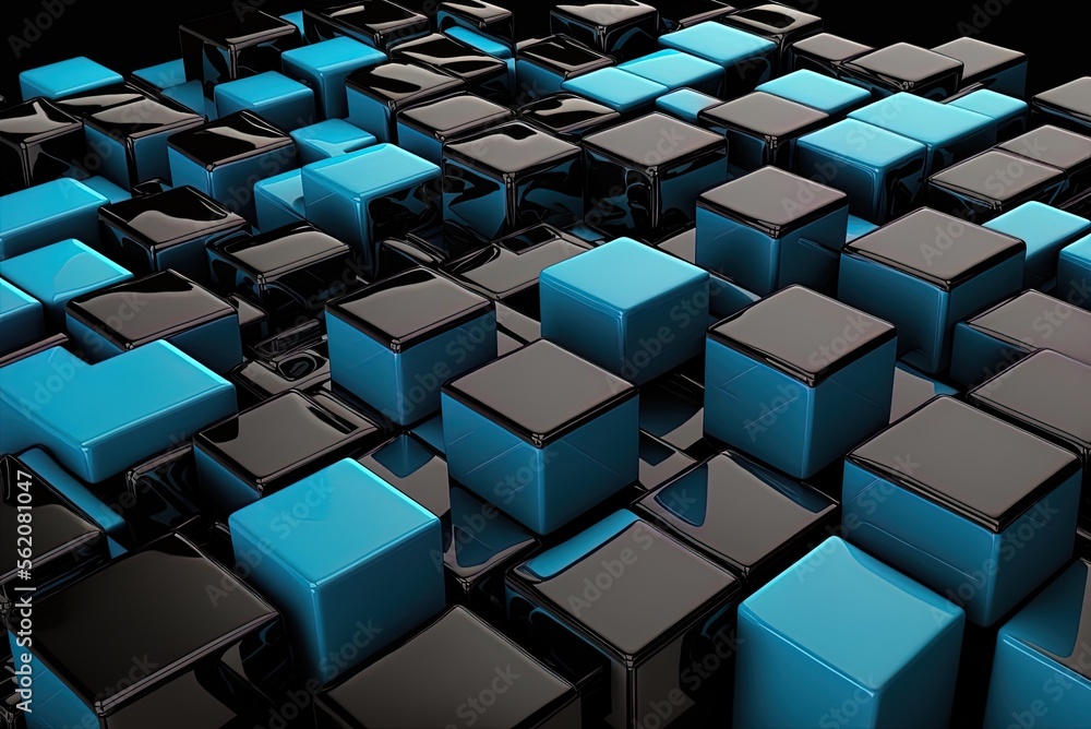 Poster cubes of shiny perfection, neatly stackable the background is a sleek, modern blue and black color s