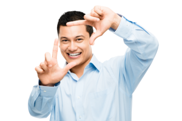 An asian businessman framing his face using his fingers isolated on a PNG background.