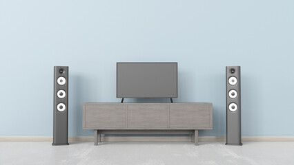 TV on the cabinet and acoustic system on the floor in modern living in an empty room with on blue wall background, 3d rendering
