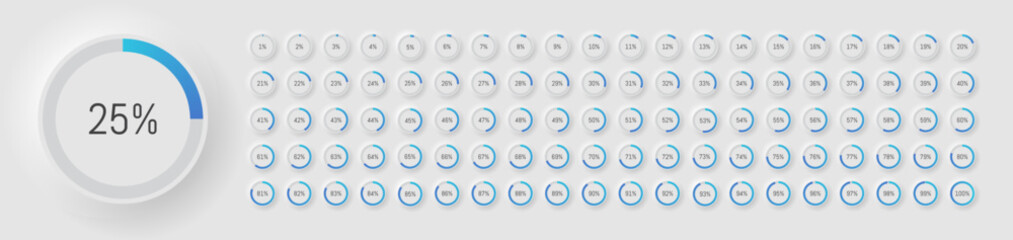 Round loading progress icons in neumorphism style. Percentage from 1 to 100.