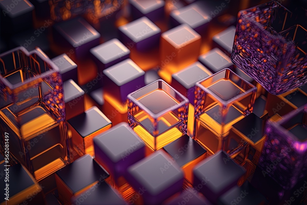 Poster luminous cubes arranged in a contemporary tech pattern. purple and lime green,. generative ai