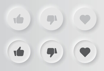 Like and dislike neumorphism style vector buttons. Thumb up and thumb down icons. Love sign.