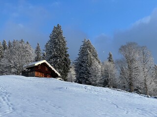 Old traditional swiss rural architecture and alpine livestock farms in the winter ambience over the Lake Walen or Lake Walenstadt (Walensee) and in the Swiss Alps, Amden - Switzerland / Schweiz