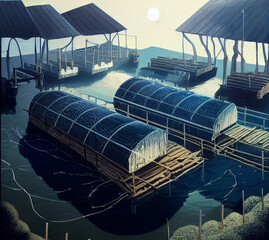 Fish farm. Fish farm building and fish pond..
