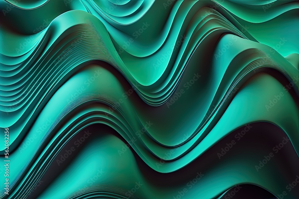 Poster there is a colorful abstract backdrop made up of turquoise waves. with room for copy. generative ai