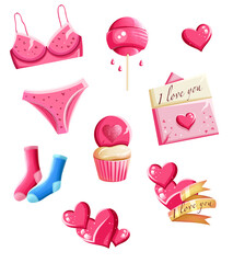 Valentine's day hand-drawn illustration for stickers, greeting cards, or social media. Includes pink hearts, cupcake, candy, lettering, love letter, socks and underwear. Сute cartoon style. Isolated