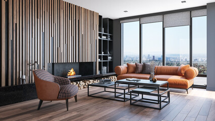 Living room loft in industrial style, 3d render