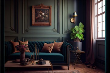 Interior design decoration. Living room decorated like in the 20's. Generative AI 2