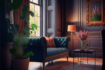Interior design decoration. Living room decorated like in the 20's. Generative AI 3
