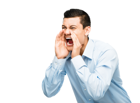 A young businessman shouting isolated on a PNG background.